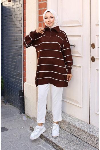 sefamerve Brown Zippered Striped Knitwear Tunic 11037-07