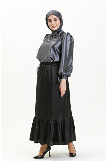 sefamerve Black Satin Gathered Skirt - 85068-01