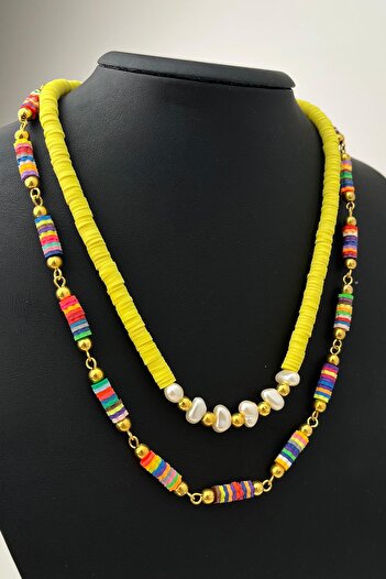 Modex Colorful Double Fimo Necklace with Pearl Detail (Size:43+5 cm)