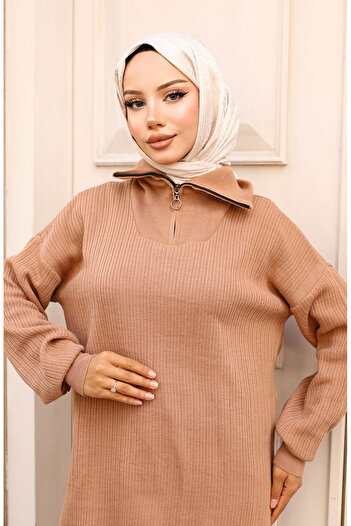 sefamerve Ribbed Knitwear Set - Zippered Collar, Mink 11036-02