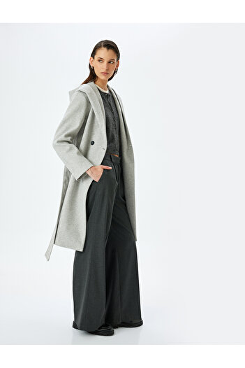 Koton Double Breasted Long Hooded Cashmere Coat with Pockets and Belt