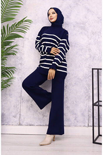 sefamerve Striped Knitwear Set with Buttons on the Shoulder 24019-01 Navy Blue