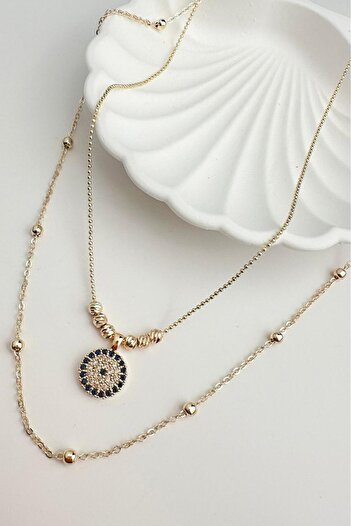 Modex Gold Color Zircon Stone Double Necklace with Evil Eye Figure