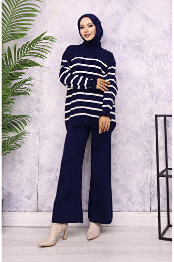 sefamerve Striped Knitwear Set with Buttons on the Shoulder 24019-01 Navy Blue