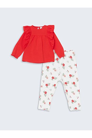 LC Waikiki LCW Baby - طقم بلوزة وطماق للفتيات الصغيرات بطبعة زهور حمراء مكونة من قطعتين