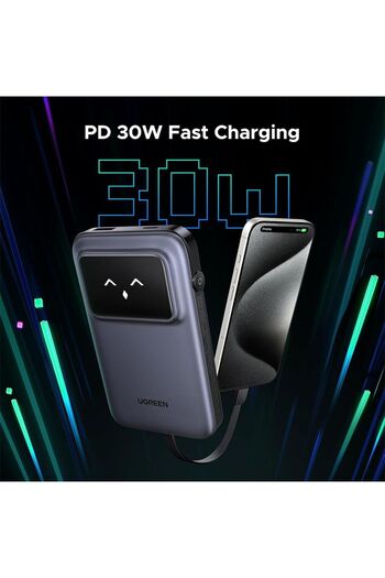 Ugreen Uno Power Bank USB-C ve USB Portları Dahili Kablo ile 10000mAh 30W - Gri