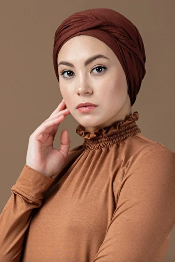 Vera Ready Turban Bonnet Twist Banded Combed Cotton Bonnet Brown Twist Women's Hijab Bonnet Twisted Outer Bonnet