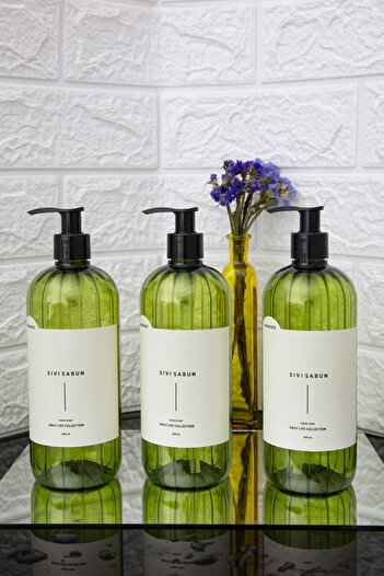 homence Set of 3 Liquid Soap Plastic Bottles with Labels Green Soap Dispenser 500 ml