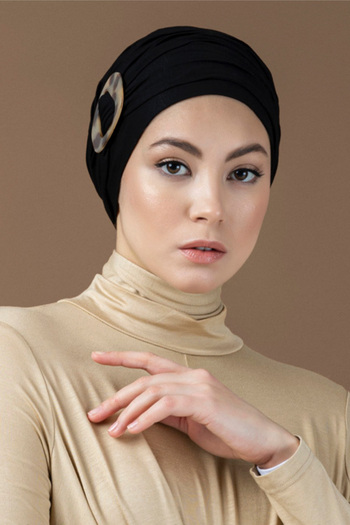 Vera Ready Turban Bonnet Buckle Combed Cotton Bonnet Black Banded Women's Hijab Bonnet Buckle Detailed Stylish Hijab Outer Bonnet