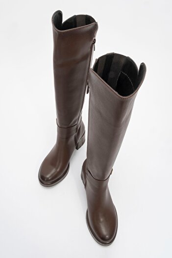LuviShoes Γυναικείες μπότες με χοντρό τακούνι MORENİ Καφέ Skin Stretch με λεπτομέρεια πόρπη