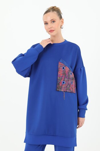 Puane Women's Patterned Single Pocket Detailed Tunic - 10574Tun - Sax Blue