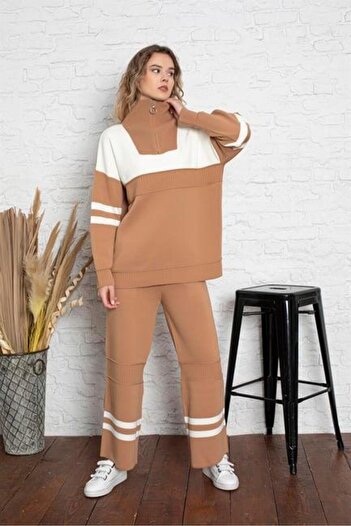 Irmak Kerekli Women's Light Brown Oversize Knitwear Bottom Top Tracksuit Set 1230