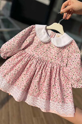 Bertuğ Bebek Bebe Yaka Dantel Detaylı Çiçekli Pembe Kız Çocuk Bebek Elbise
