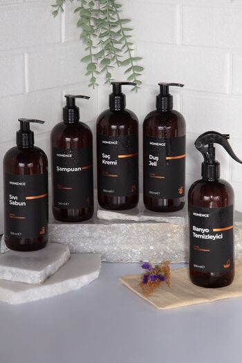 homence 5'li Banyo Seti Plastik Şişe Seti Amber Sabunluk 500 ml