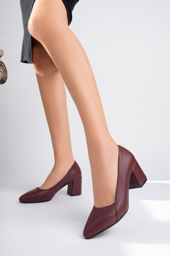 Deripabuc Pantofi din piele cu toc pentru femei din piele naturală, roșu claret, Shn-0101