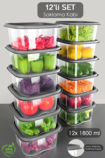 Meleni Home 12Pcs Square Food Preservation Container - 1800ml Anthracite, Microwave Deep Freezer