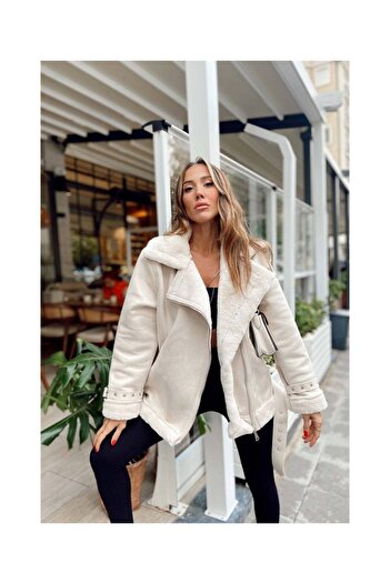 Mekafashion Coastal Export Women's Suede Coat Jacket with Belt Detail