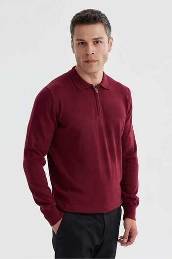 Jakamen Claret Red Slim Fit Cotton Patterned Zippered Polo Neck Knitwear Sweater