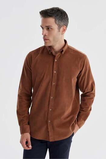 Jakamen Tan Comfort Fit Buttoned Collar 100% Cotton Velvet Shirt