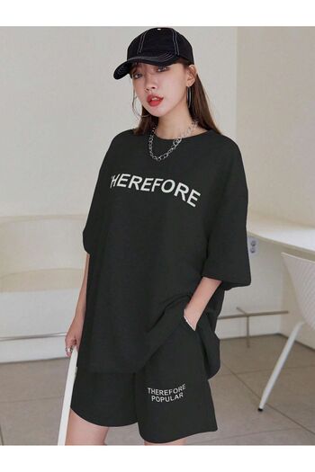 Mythologie Therefore T-Shirt Penye Şort - Siyah Alt Üst Takım Baskılı Oversize Bisiklet Yaka