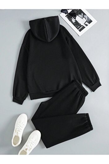 Mythologie Hooded Combination Bottom-Top Tracksuit Set - Black Printed Oversize Rubber Legs