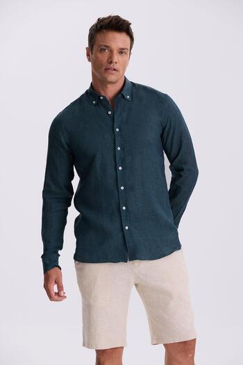 Jakamen Khaki 100% Linen Buttoned Collar Comfort Fit Shirt