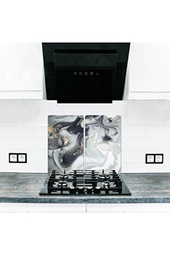 Saban 40X52 cm Gray Gold Marble Shaped Glass Stove Protector