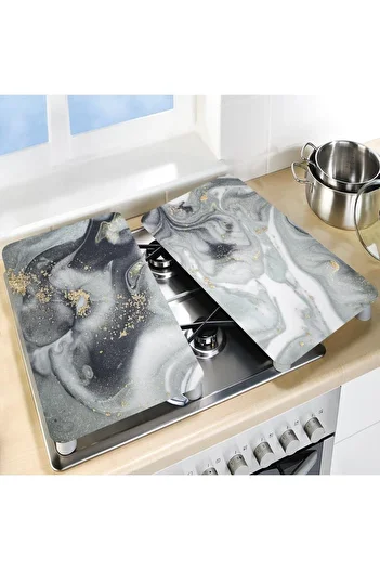 Saban 2-Piece 30X52 cm Glass Stove Protector Gray Gold Marble for 4-Piece Stoves
