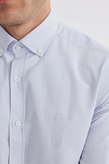 Jakamen Mavi Slim Fit Desenli Pamuklu Düğmeli Yaka Gömlek