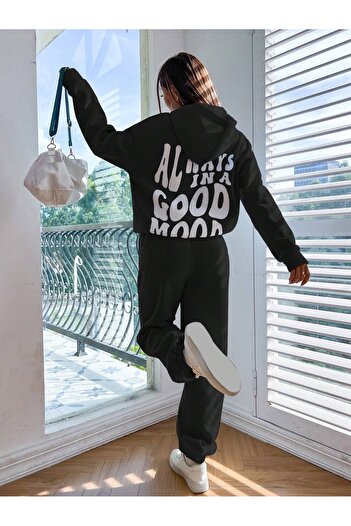 Mythologie Good Mood Hooded Combination Unisex Bottom Top Tracksuit Set - Black Printed Oversize Elastic Legs