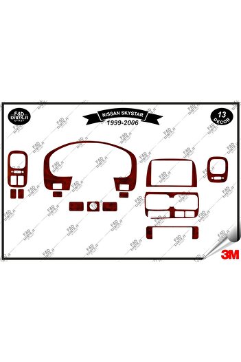 FD Damla Etiket 1999-2006 Nissan Skystar Pick-Up Garnitură pentru consola de torpedo - Set de 12 bucăți din furnir de mahon