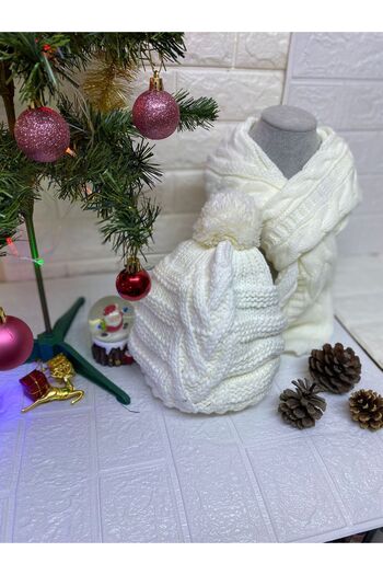 sema aksesuar New Year's Christmas Gift - Pompom Knitwear Beanie Hat and Scarf Set of 2