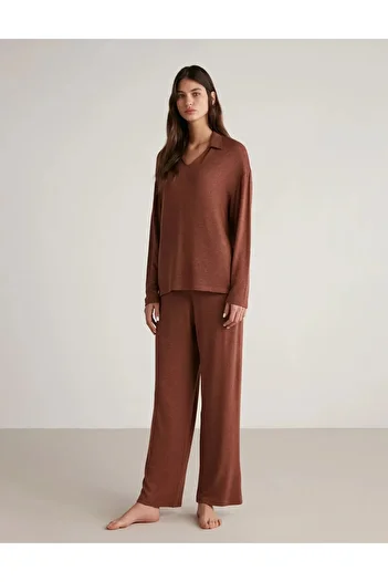 Penyemood Soft Textured Fabric Long Sleeve Collar Women's Pjamas Suit