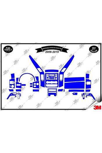FD Damla Etiket pentru Mercedes Sprinter Grafter 2006-2019 Albastru 51 piese Set de ornamente pentru consola de torpedo și furnir de mahon pentru piept