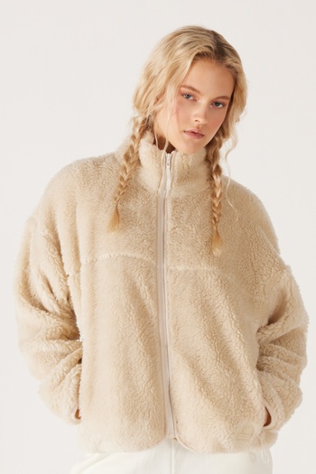 WRANGLER Oversize Loose Cut Stand Collar Zippered Faux Wool Women's Ecru Sherpa Jacket