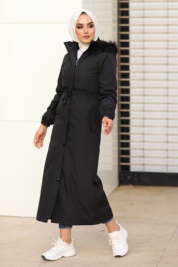 InStyle Women's Black Reverse Pocket Cover Long Coat 2204
