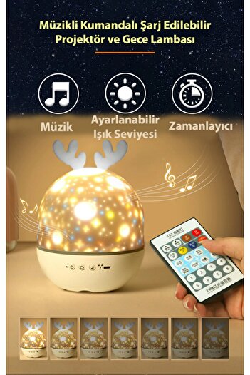 TechnoSmart Müzikli Kumandalı 6 Farklı Resimli Dönen Star Master Şarjlı Fonksiyonel Gece Lambası Lüx