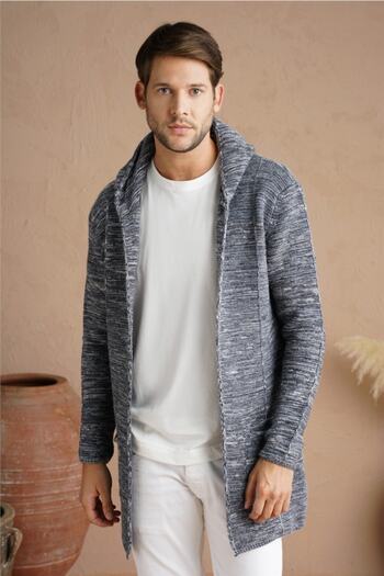 Tarz Cool Men's Gray Mix Hooded Knitwear Cardigan-hrk7721r02s