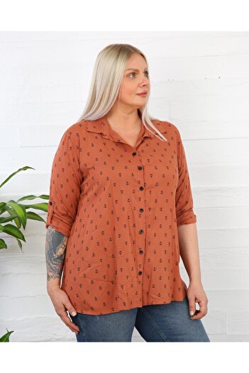 By Alba Collection Tan Cotton Viscose Large Size Anchor Patterned Shirt