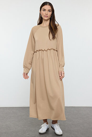 Trendyol Modest Mink Oversize Knitted Dress with Cutout Waist Tctss23Eb00307