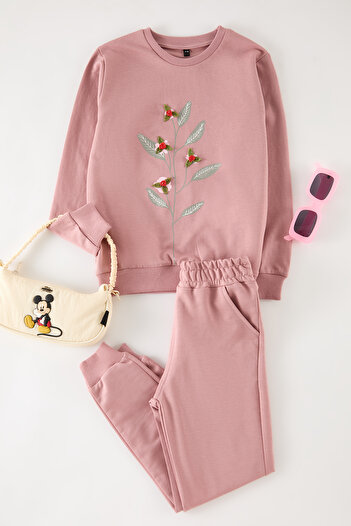 TRENDYOLKIDS Dusty Rose Girls virágos kötött alsó-felső öltöny TKDAW25AU00156