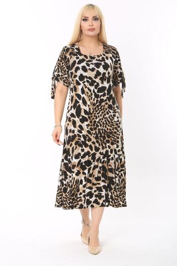 MELSAY Women's Plus Size Sleeves Rope Tie Tiger Pattern Dress
