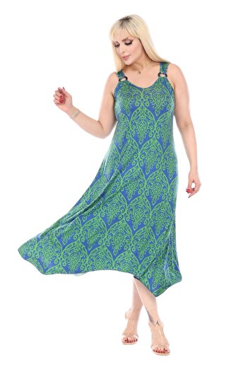 MELSAY Women's Green Lace Pattern Buckle Detailed Strap Dress