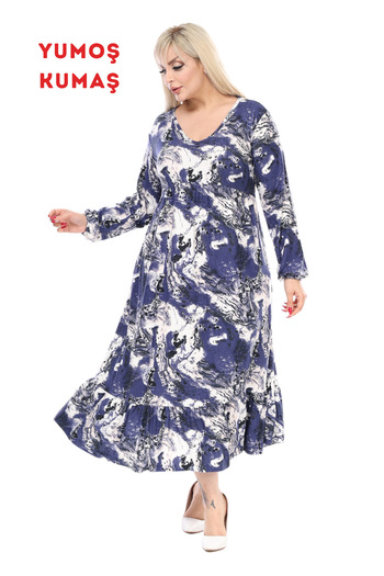 MELSAY Women's Winter V Neck Blue Tie Dye Pattern Long Sleeve Robe Dress