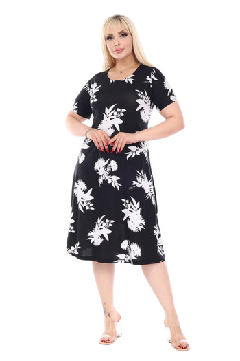 MELSAY Plus Size Leaf Patterned Black Midi Dress - Crew Neck