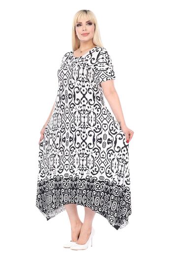 MELSAY Women's Short Sleeve Black and White Print Asymmetrical Cut Plus Size Dress