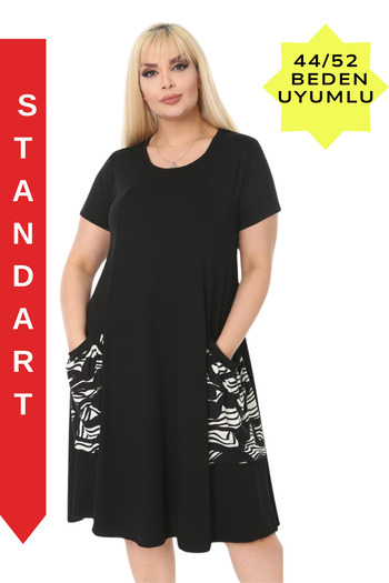 MELSAY Plus Size Black Wavy Pattern Balloon Pocket Detailed Dress