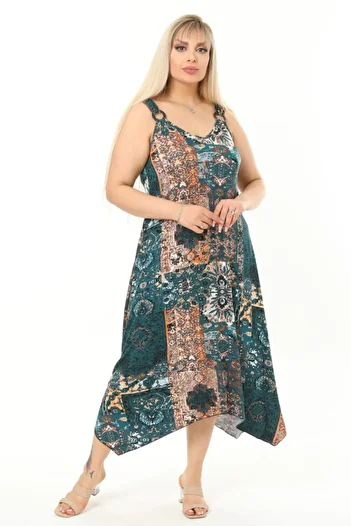 MELSAY Green Large Size Ethnic Patterned Strappy Women's Dress