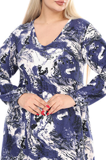 MELSAY Women's Winter V Neck Blue Tie Dye Pattern Long Sleeve Robe Dress