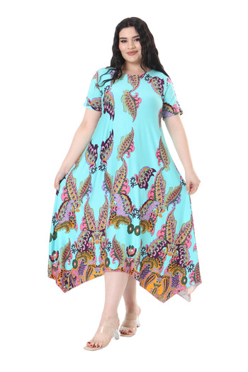 MELSAY Turquoise Shawl Pattern - Short Sleeve Asymmetrical Women's Dress